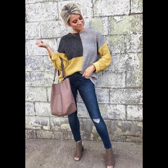 Mustard & gray color block light knit sweater - Picture 2 of 3